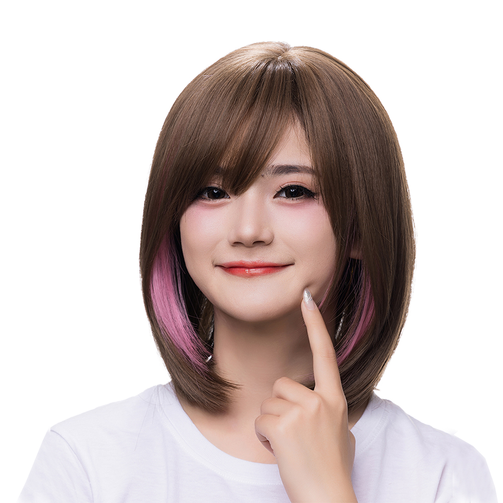 SUN9 ウィッグ ウイッグ 自然 ストレート フロント ストレート レース コスプレ かつら カツラ 女装 レディース 小顔 耐熱 フルウィッグ フル 女性 wig ミディアムロング ロリータ 可愛い カット レイヤー ギフト ボックス ネット スタンド 専用ブラシ セミロング 耳掛け ナチュラル （ブラウンベース&ピンクのインナーカラー）